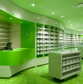 Porcellana Armadietto di esposizione alla moda della farmacia, farmacia al minuto verde che accantona multi combinazione fornitore